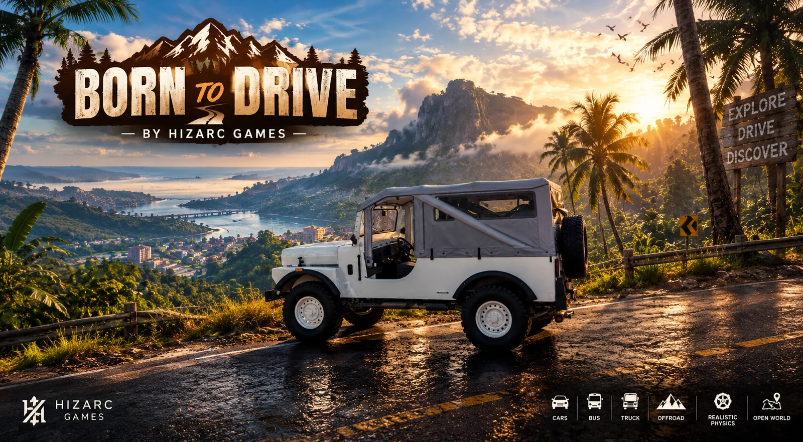 Born to Drive key art: a white 4x4 on a wet hill road above a tropical valley at sunrise