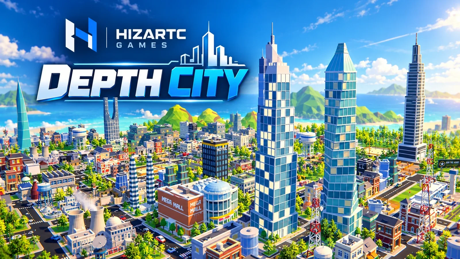 DEPTH CITY key art: an island city of glass skyscrapers, homes and a Mega Mall beside the sea