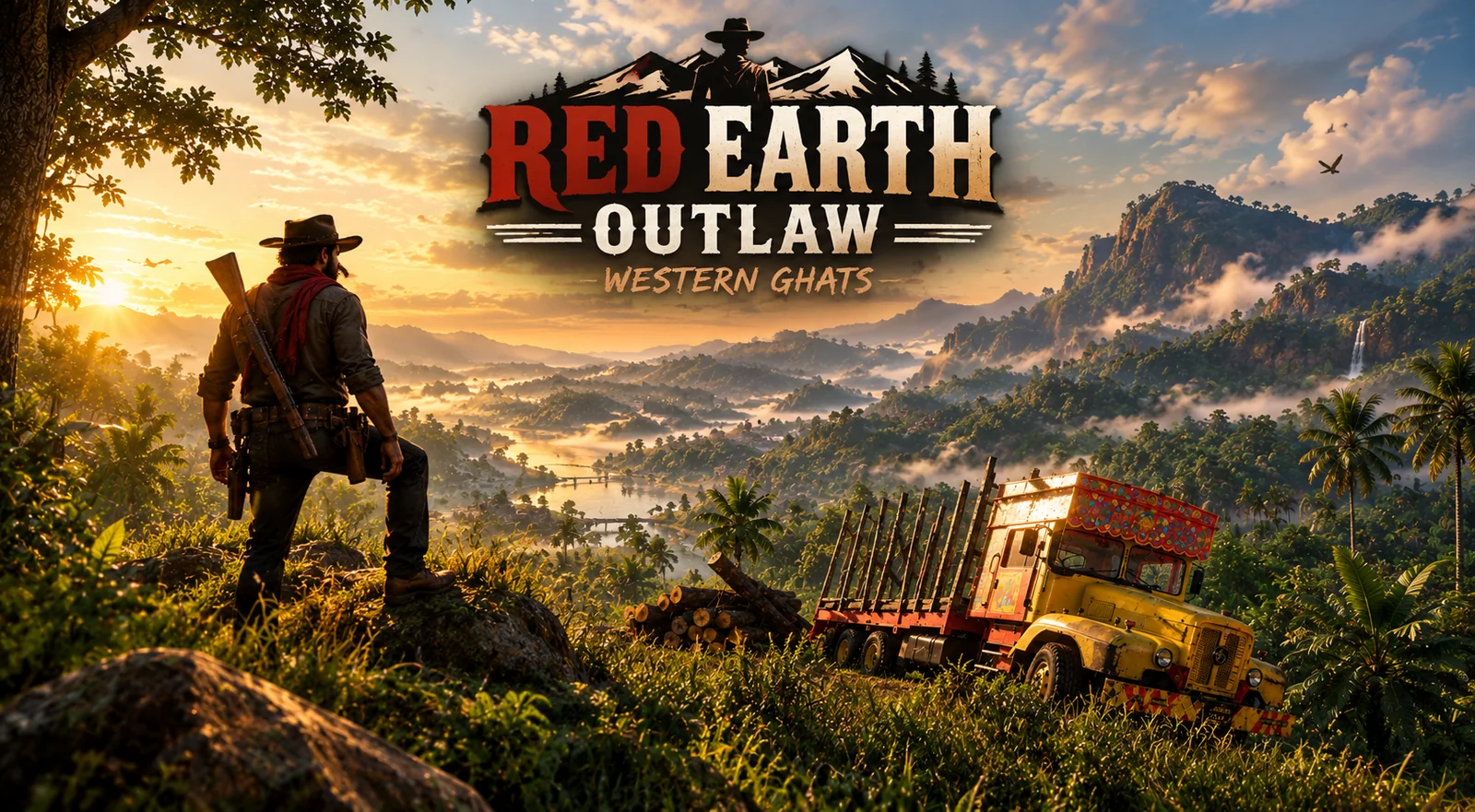 Red Earth Outlaw: Western Ghats key art: an outlaw with a rifle looks over misty Western Ghats valleys at sunrise beside a painted logging truck